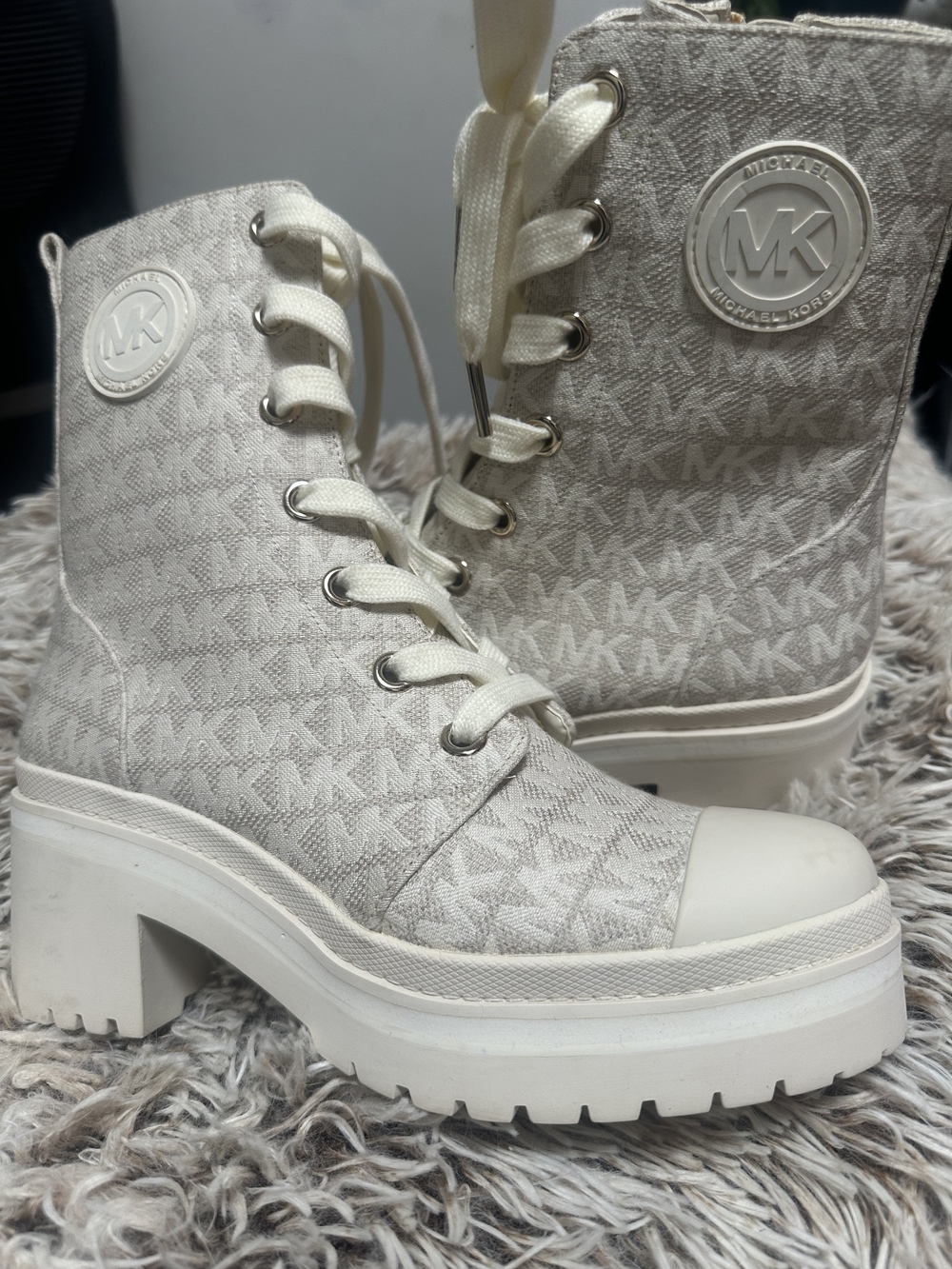 Michael Kors Cream Lace-Up Platform Logo Boots